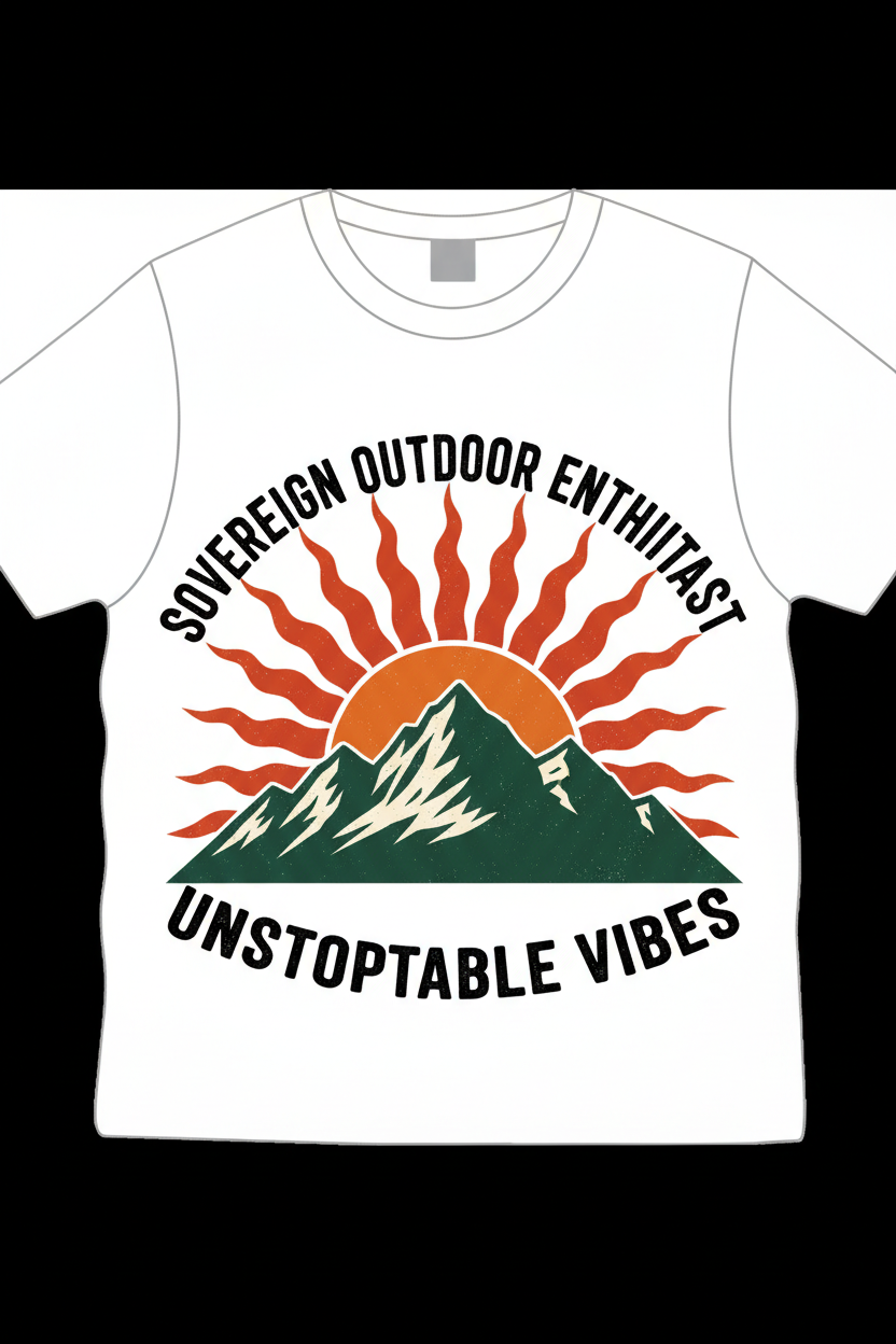 Mountain landscape with blazing sun and Sovereign Outdoor Enthusiast Unstoppable Vibes text